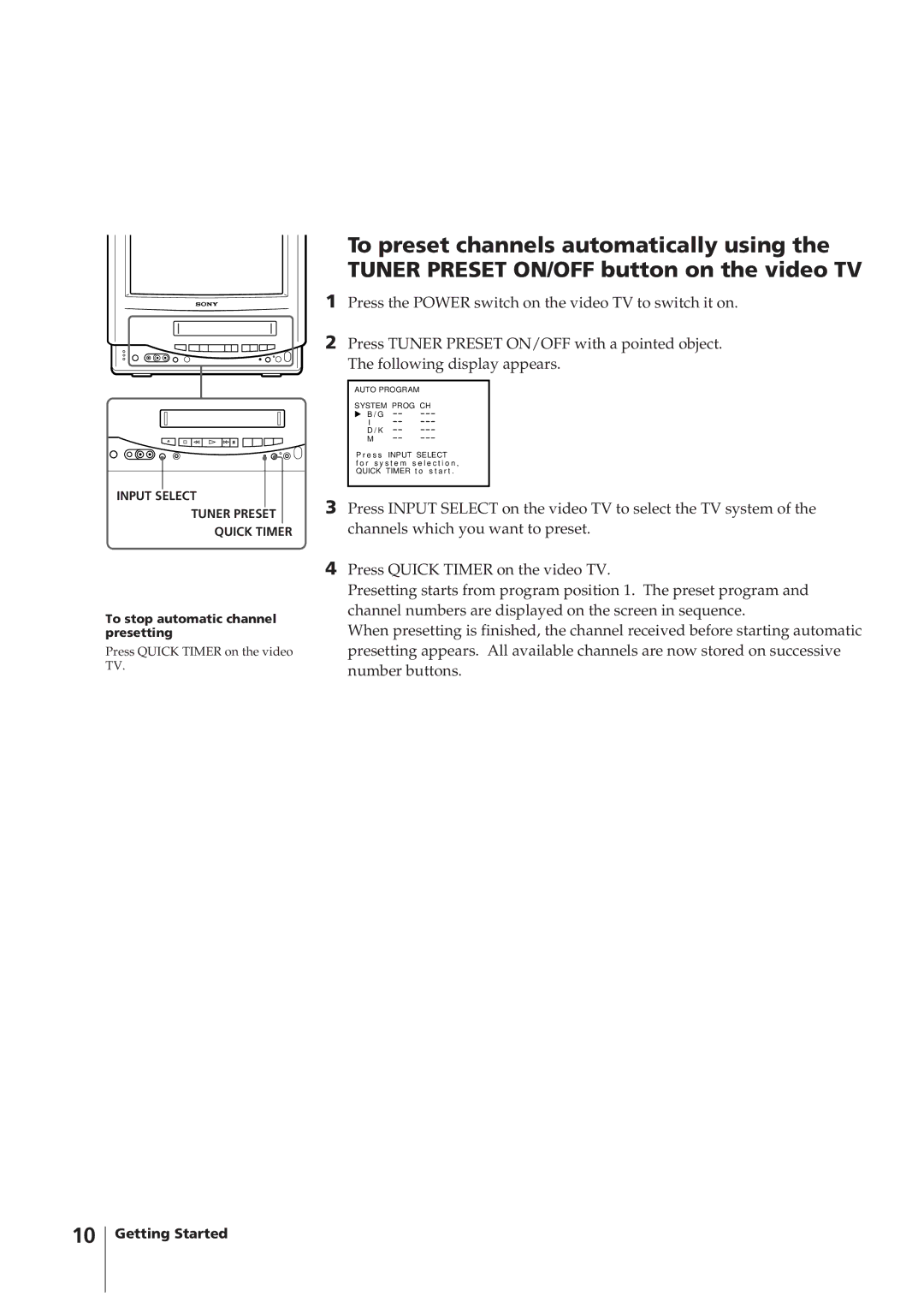 Sony KV-14VM5MT, KV-21VM6MT operating instructions Input Select Tuner Preset Quick Timer 