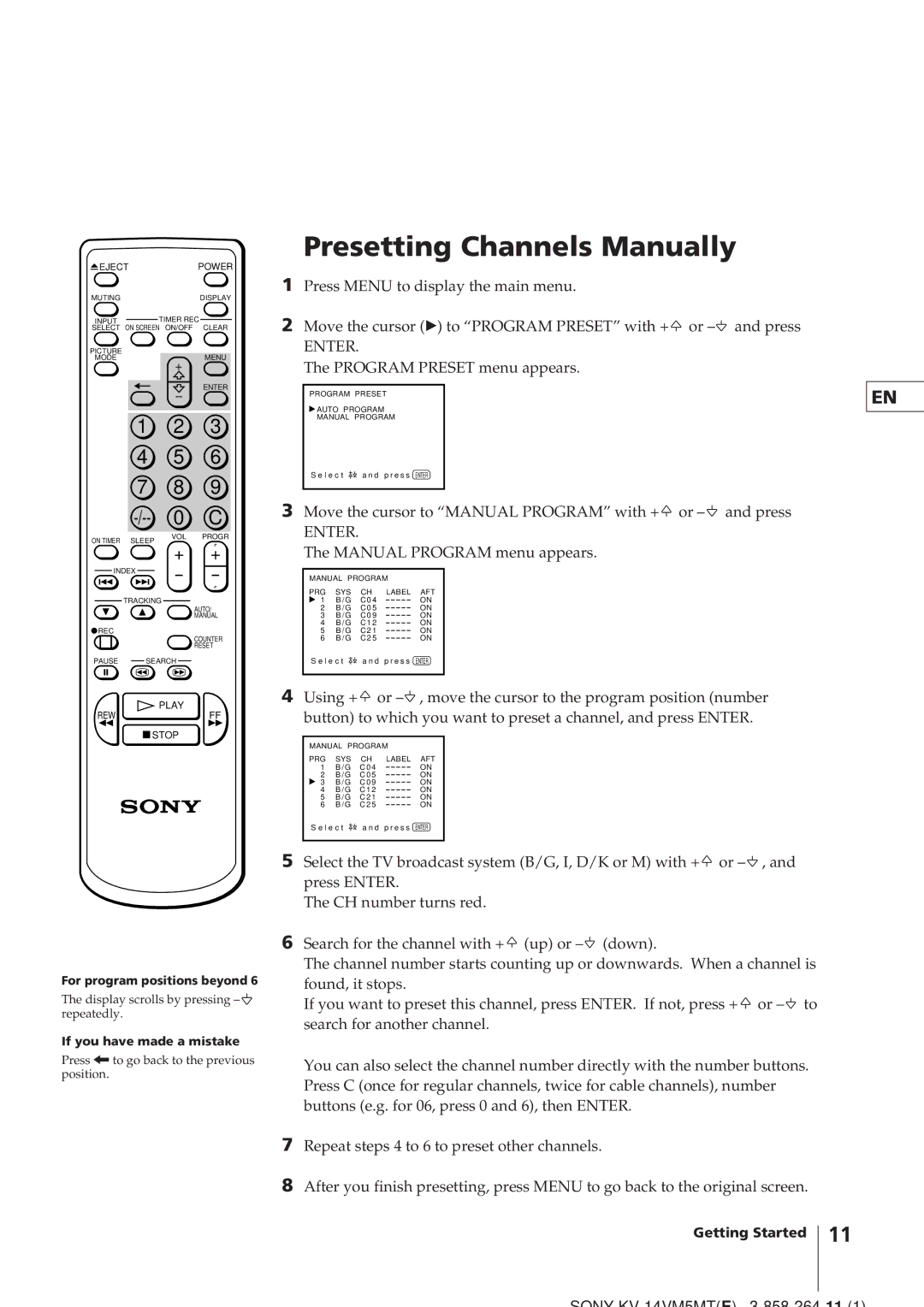 Sony KV-14VM5MT, KV-21VM6MT operating instructions Presetting Channels Manually 