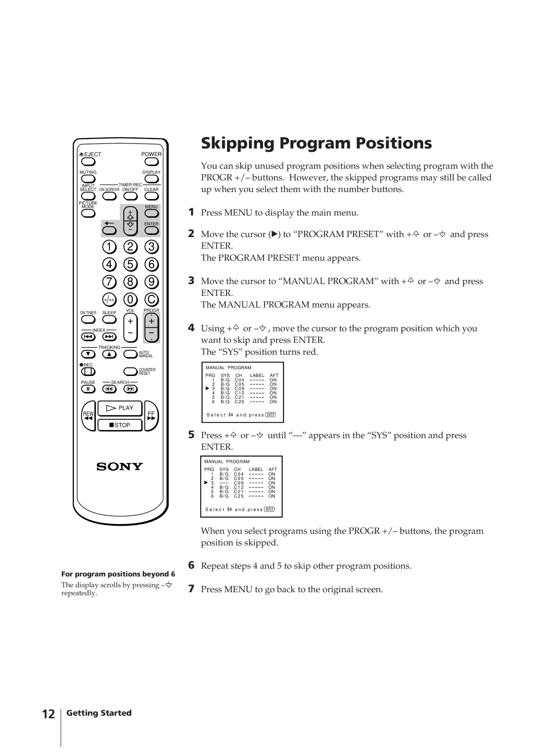 Sony KV-14VM5MT, KV-21VM6MT operating instructions Skipping Program Positions 