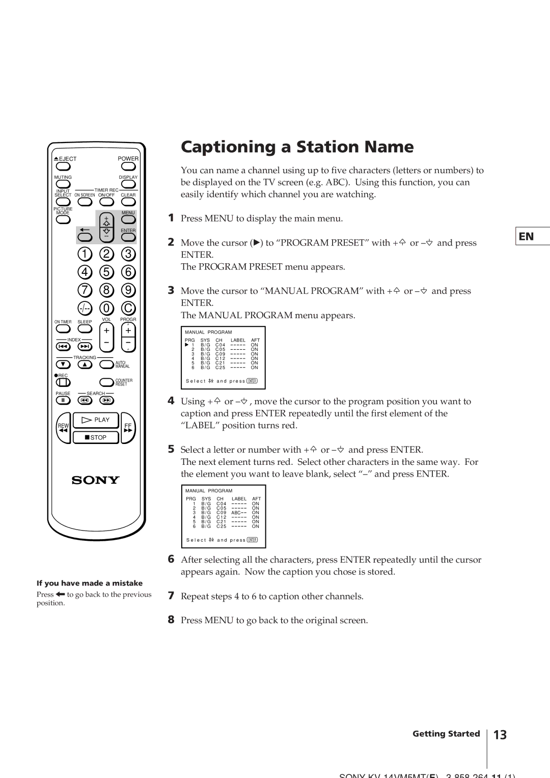 Sony KV-14VM5MT, KV-21VM6MT operating instructions Captioning a Station Name 