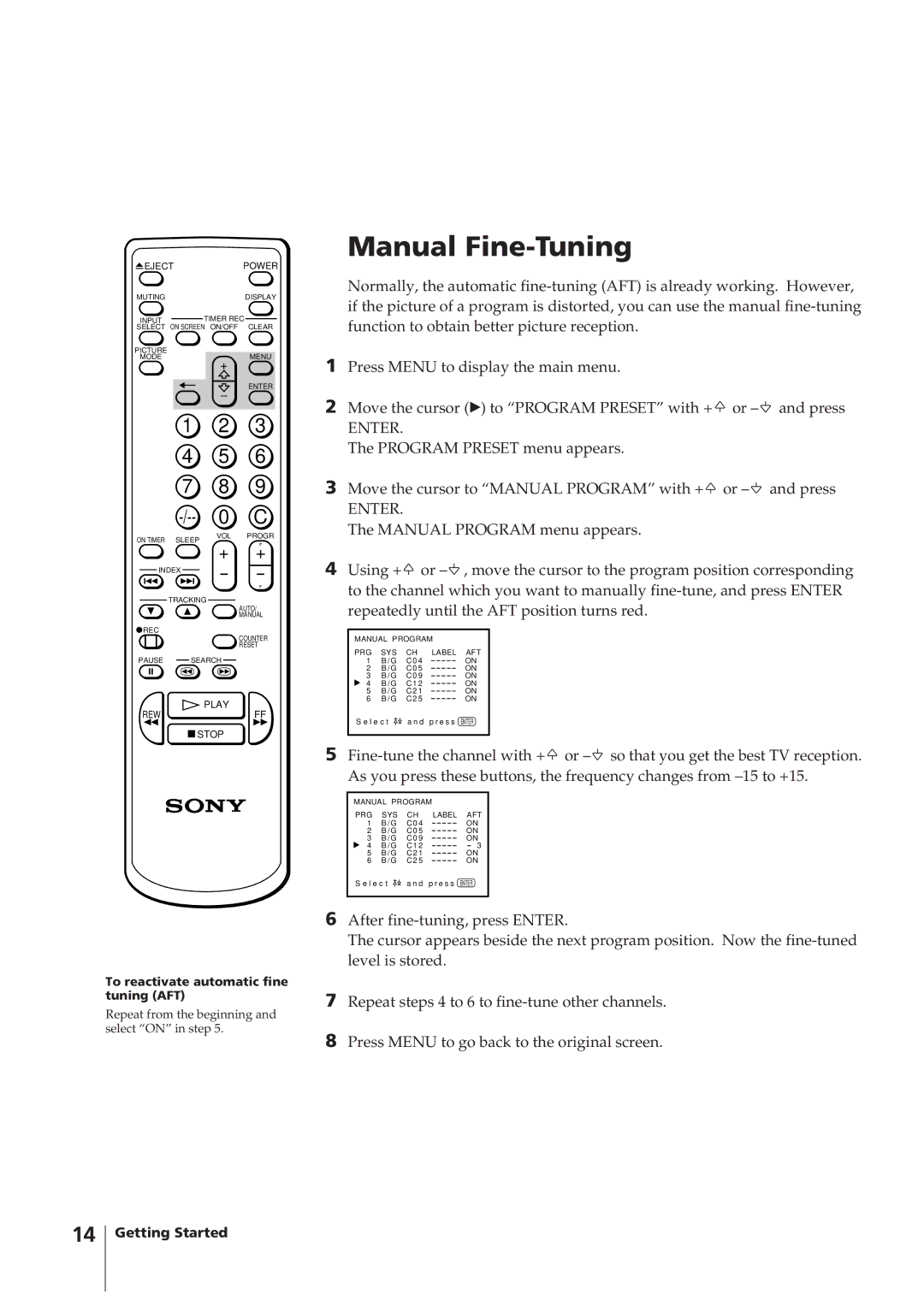 Sony KV-14VM5MT, KV-21VM6MT operating instructions Manual Fine-Tuning 