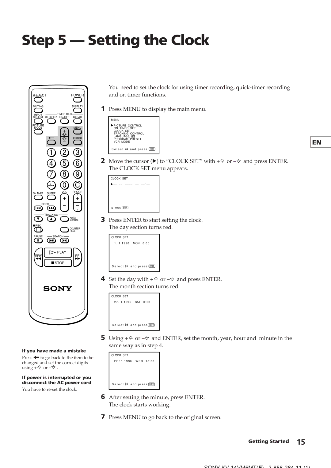 Sony KV-14VM5MT, KV-21VM6MT operating instructions Setting the Clock 