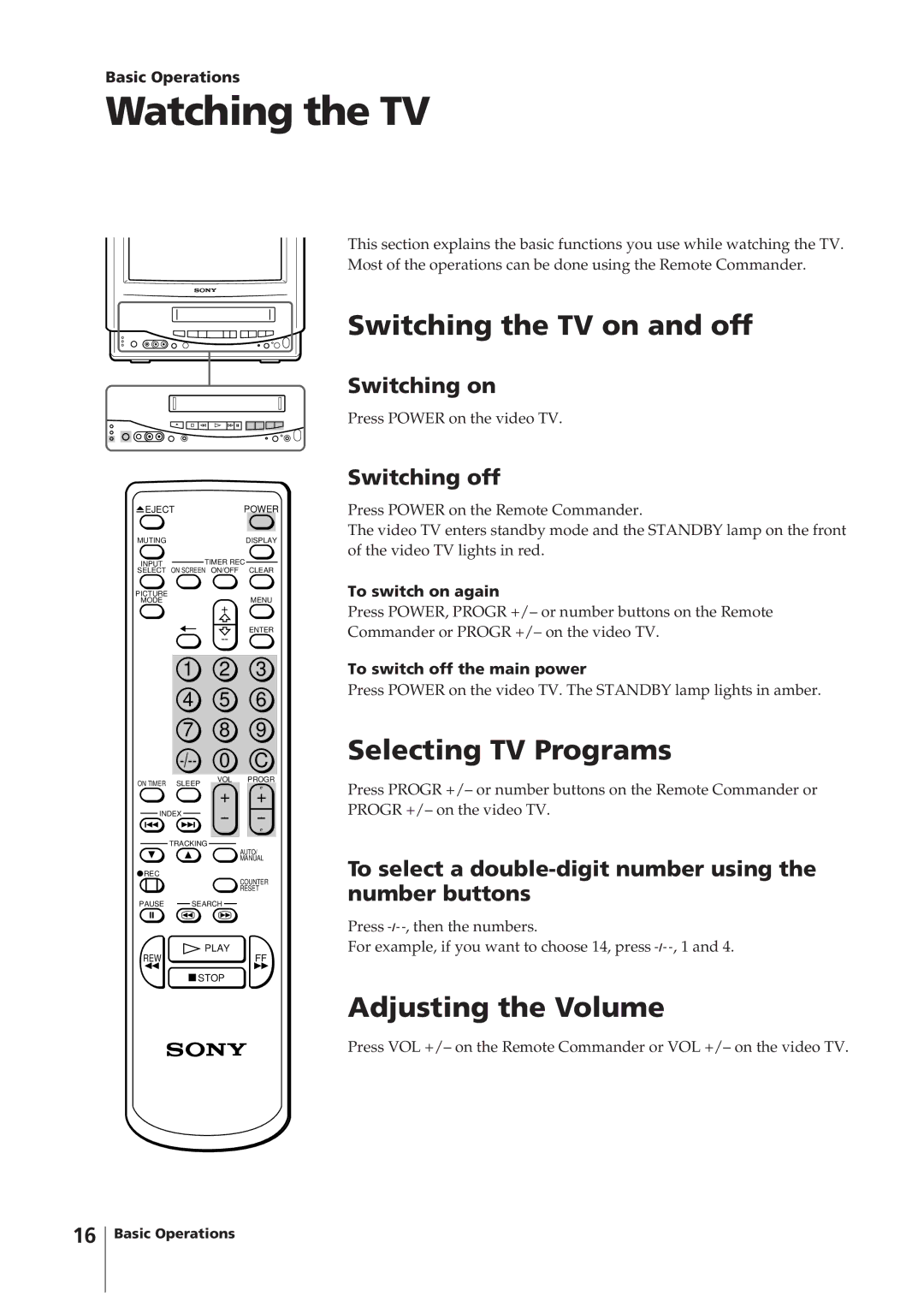 Sony KV-14VM5MT, KV-21VM6MT Watching the TV, Switching the TV on and off, Selecting TV Programs, Adjusting the Volume 