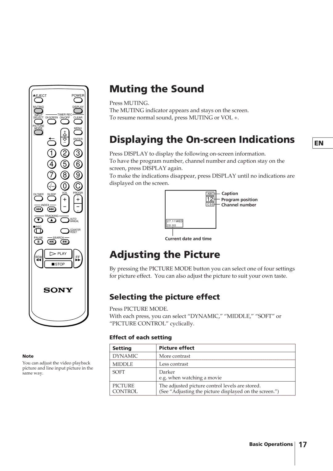 Sony KV-14VM5MT, KV-21VM6MT Muting the Sound, Displaying the On-screen Indications, Adjusting the Picture 