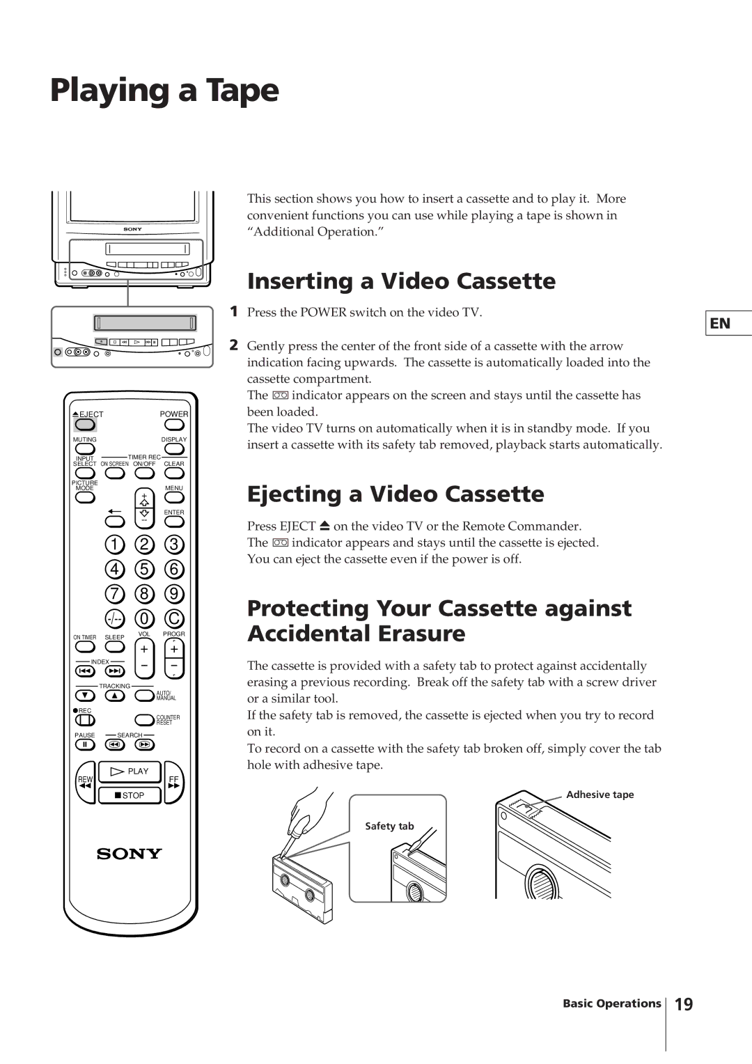 Sony KV-14VM5MT, KV-21VM6MT operating instructions Playing a Tape, Inserting a Video Cassette, Ejecting a Video Cassette 