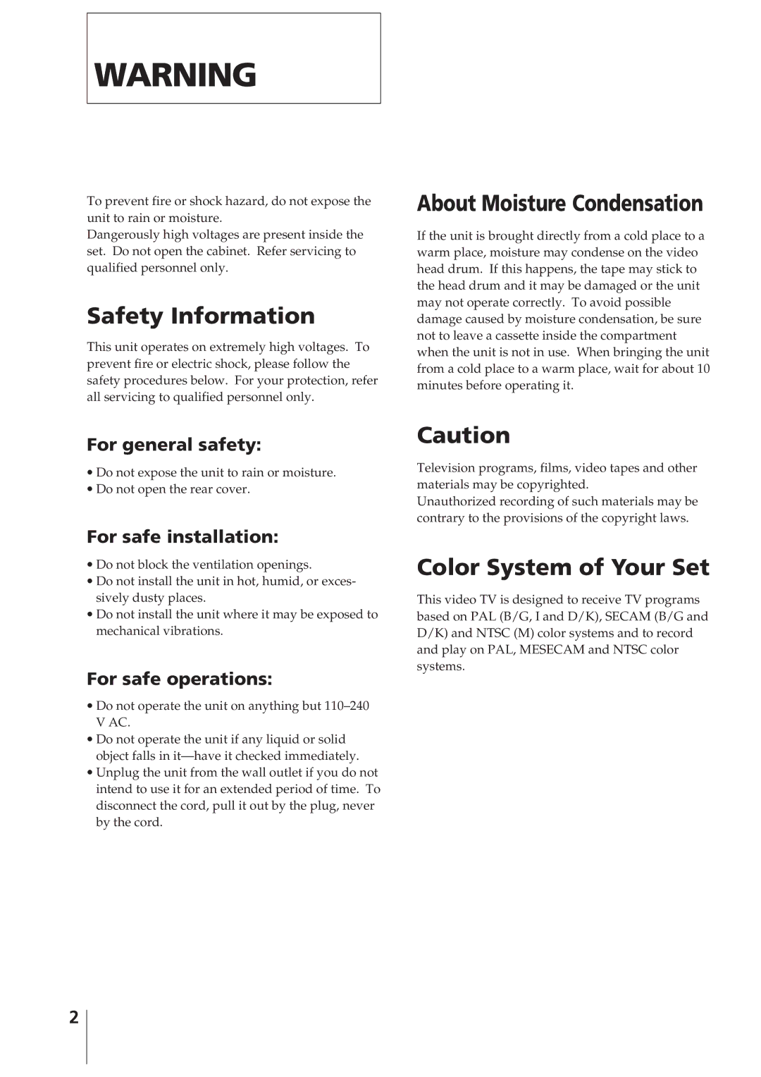 Sony KV-14VM5MT, KV-21VM6MT Safety Information, About Moisture Condensation, Color System of Your Set 