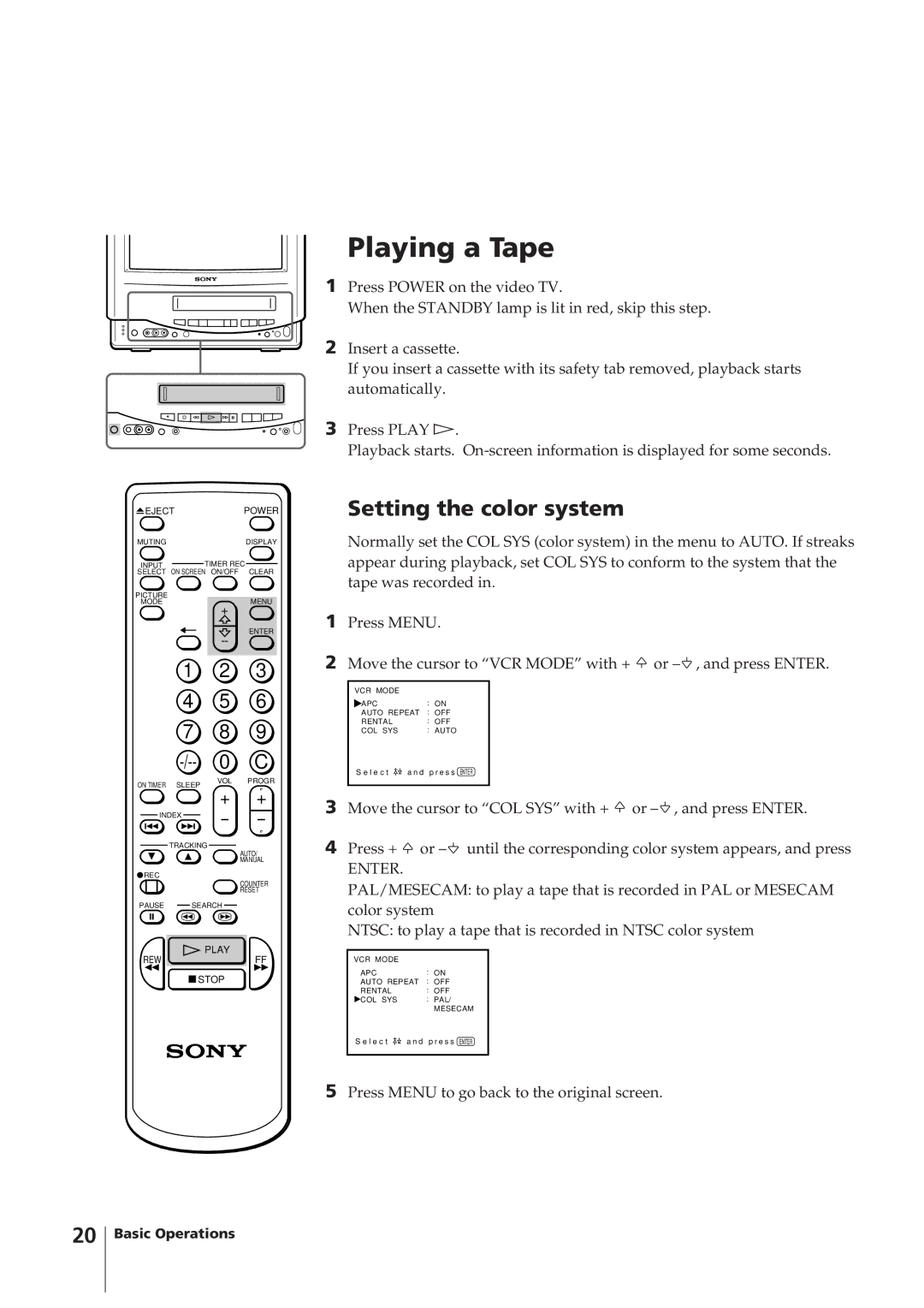 Sony KV-14VM5MT, KV-21VM6MT operating instructions Playing a Tape, Setting the color system 