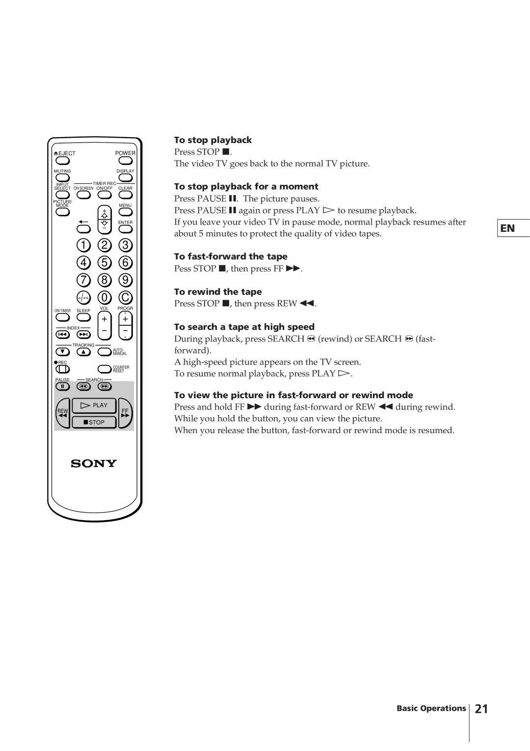 Sony KV-14VM5MT, KV-21VM6MT To stop playback for a moment, To fast-forward the tape, To rewind the tape 