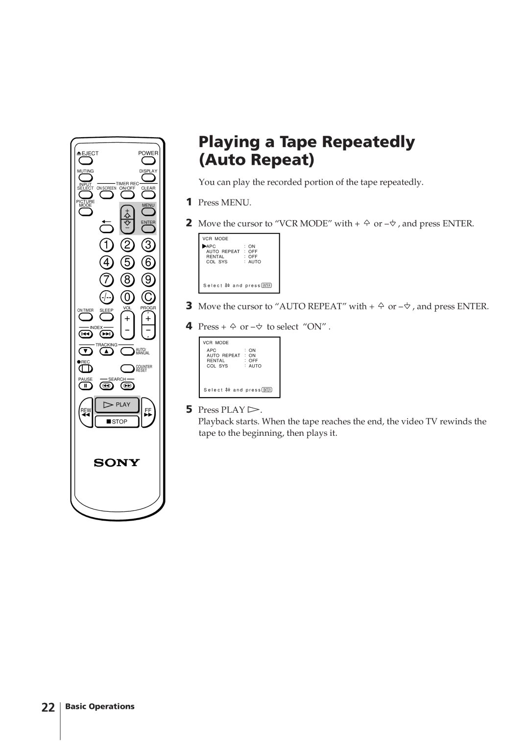 Sony KV-14VM5MT, KV-21VM6MT operating instructions Playing a Tape Repeatedly Auto Repeat 