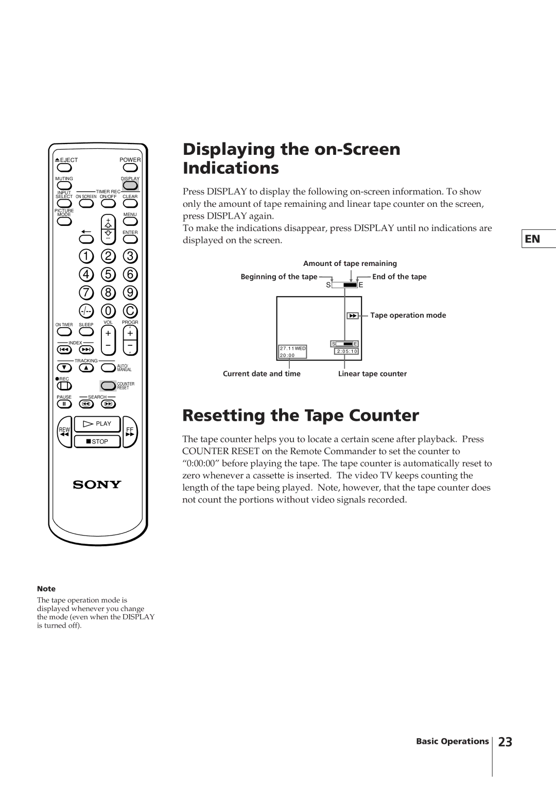 Sony KV-14VM5MT, KV-21VM6MT operating instructions Displaying the on-Screen Indications, Resetting the Tape Counter 