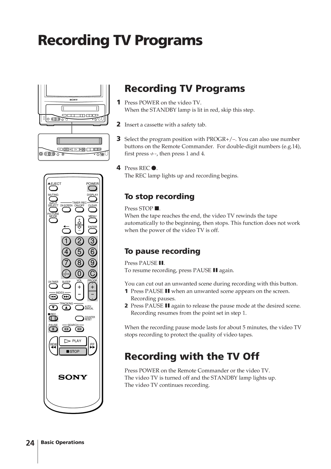 Sony KV-14VM5MT, KV-21VM6MT Recording TV Programs, Recording with the TV Off, To stop recording, To pause recording 