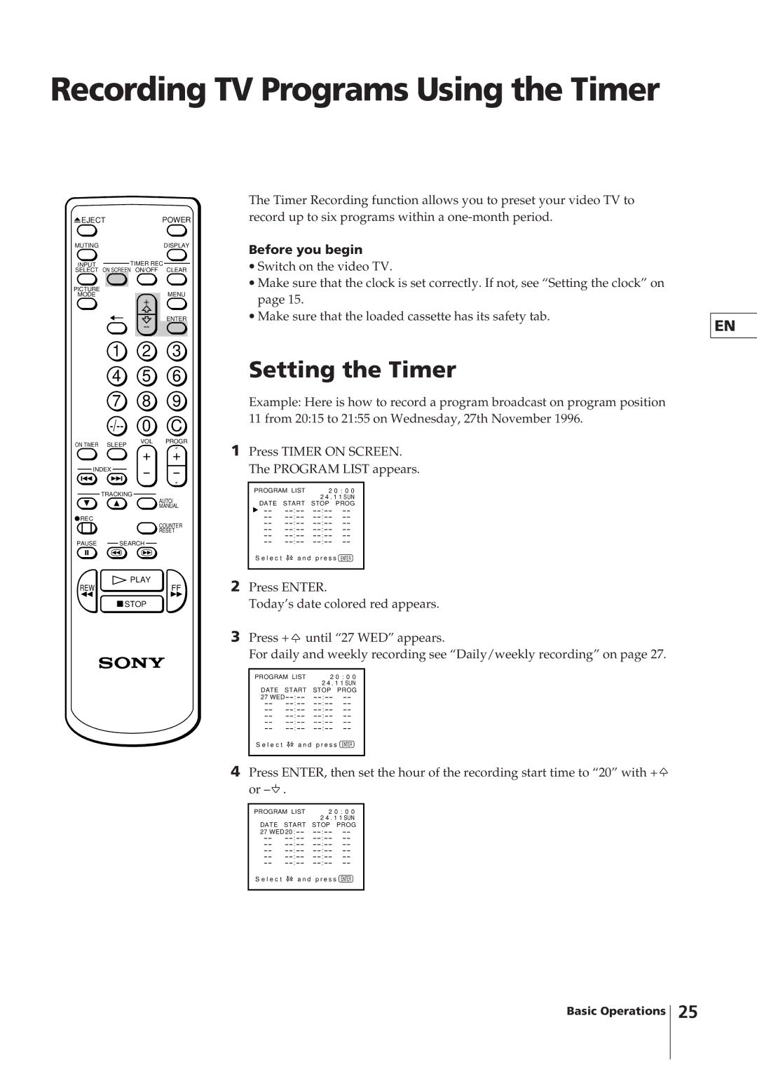 Sony KV-14VM5MT, KV-21VM6MT Recording TV Programs Using the Timer, Setting the Timer, Before you begin 