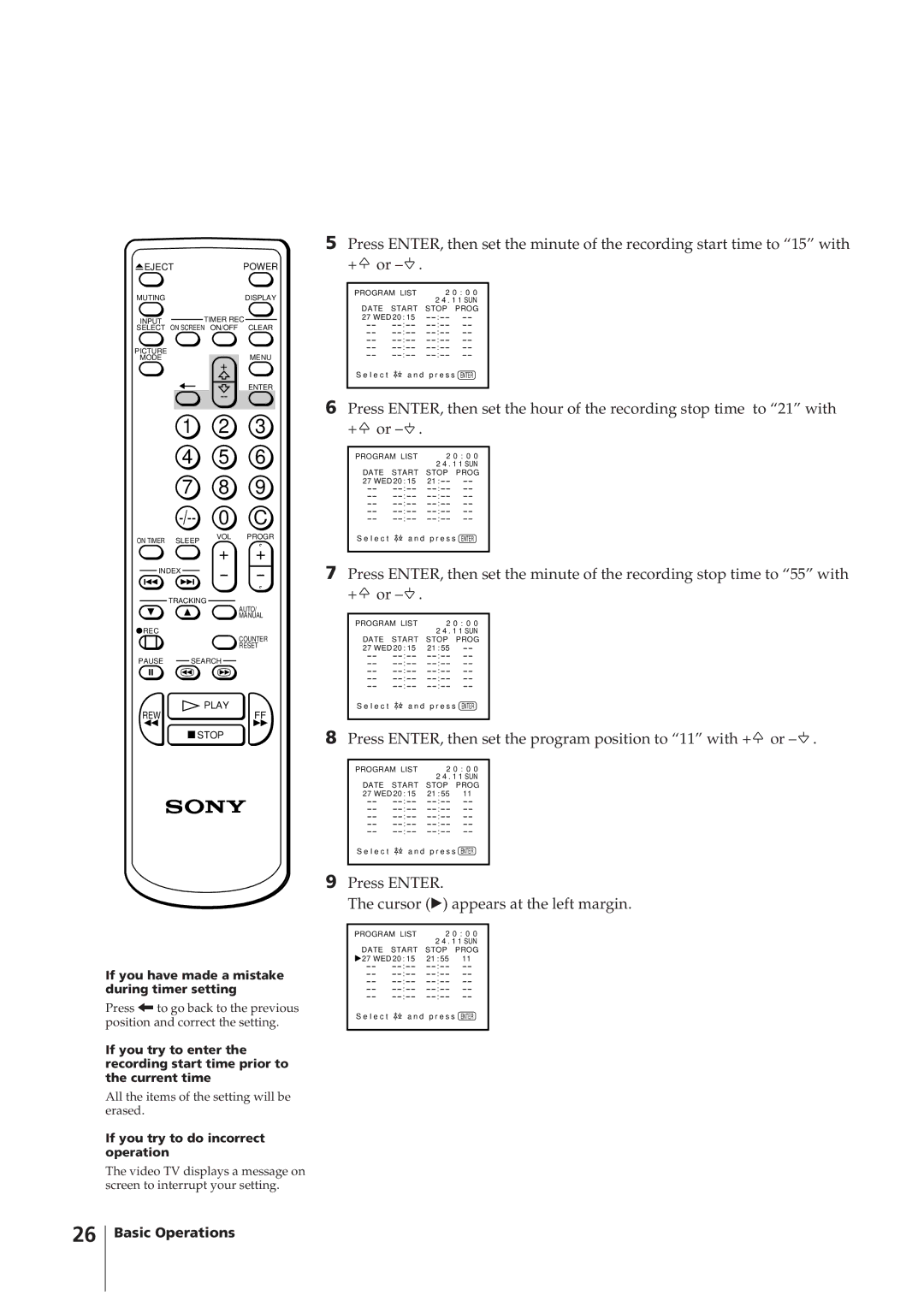 Sony KV-14VM5MT, KV-21VM6MT operating instructions Press ENTER, then set the program position to 11 with + or 