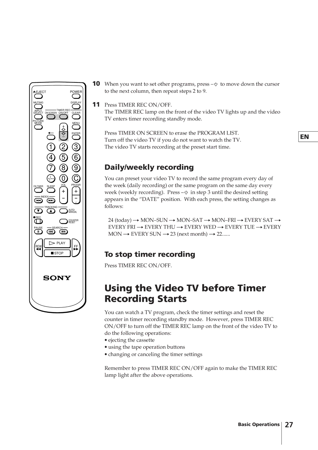 Sony KV-14VM5MT, KV-21VM6MT operating instructions Using the Video TV before Timer Recording Starts, Daily/weekly recording 