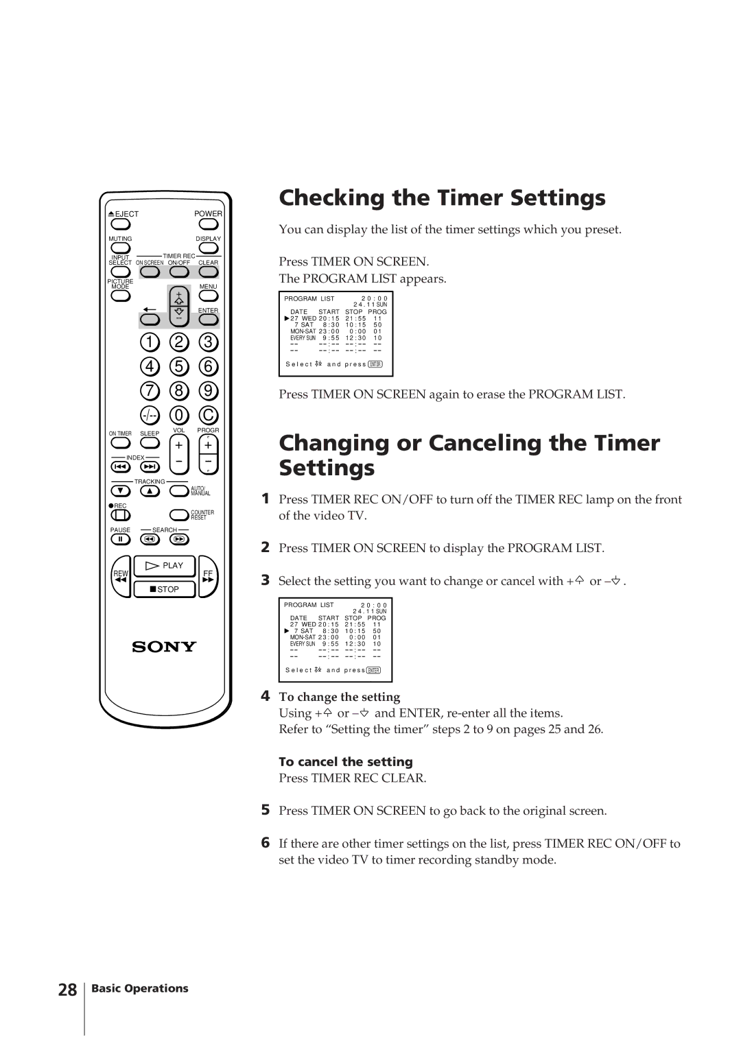 Sony KV-14VM5MT, KV-21VM6MT operating instructions Checking the Timer Settings, Changing or Canceling the Timer Settings 