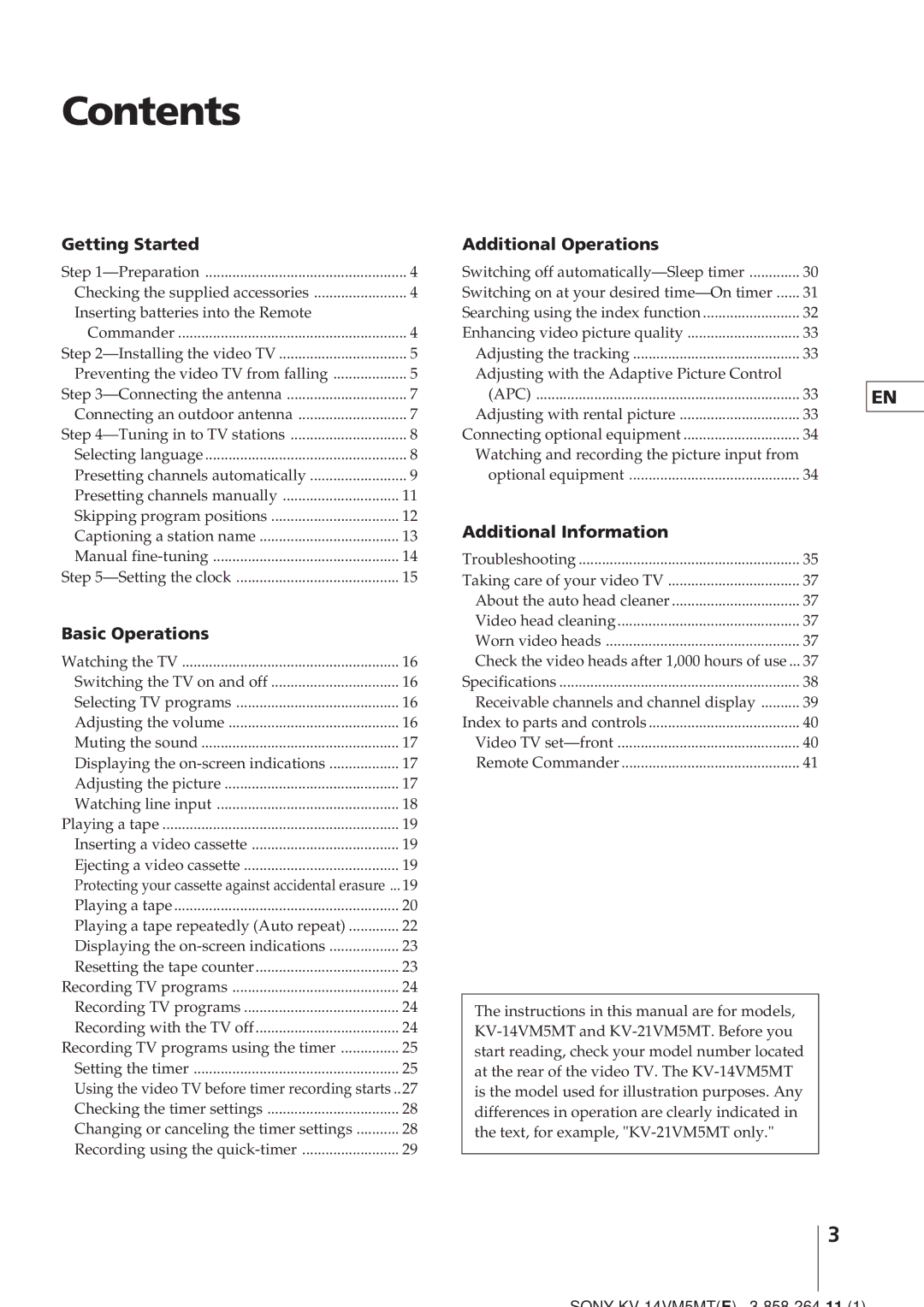 Sony KV-14VM5MT, KV-21VM6MT operating instructions Contents 