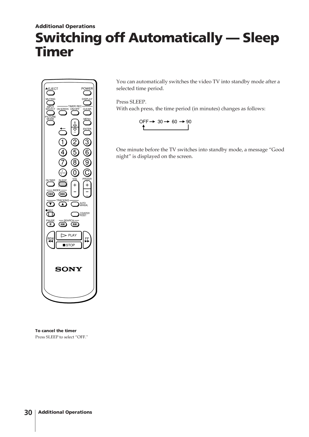 Sony KV-14VM5MT, KV-21VM6MT operating instructions Switching off Automatically Sleep Timer, Additional Operations 