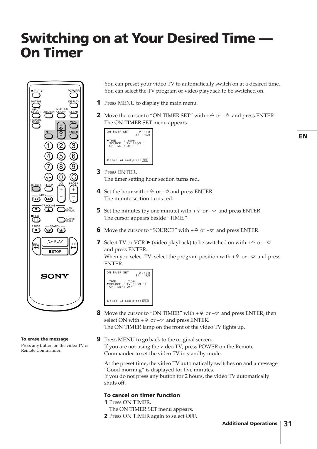 Sony KV-14VM5MT, KV-21VM6MT operating instructions Switching on at Your Desired Time On Timer, To cancel on timer function 