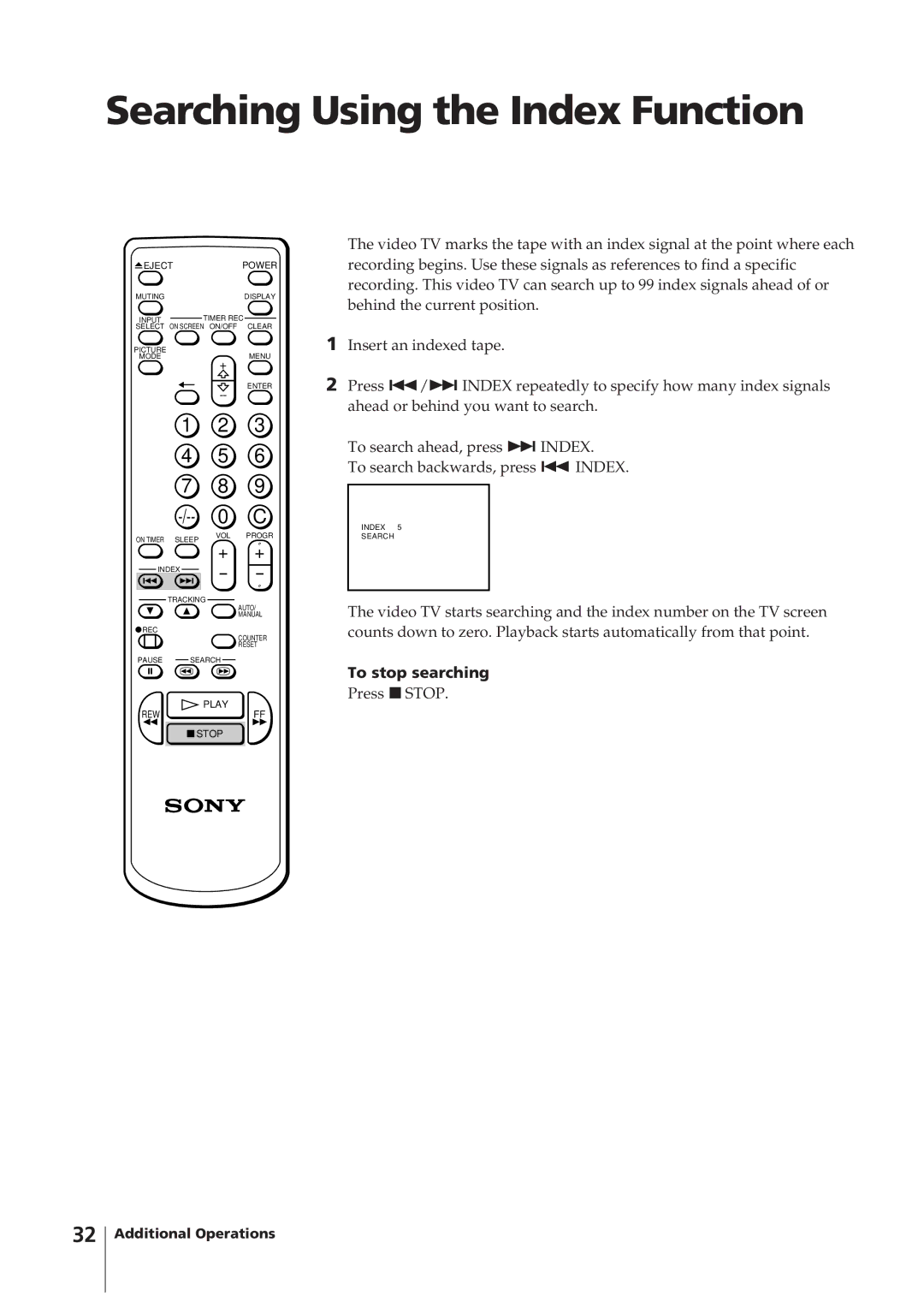 Sony KV-14VM5MT, KV-21VM6MT operating instructions Searching Using the Index Function, To stop searching 