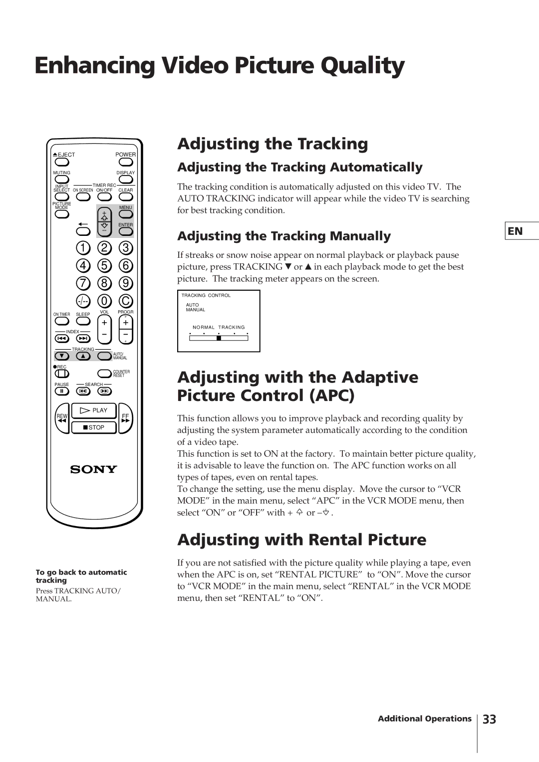 Sony KV-14VM5MT, KV-21VM6MT Enhancing Video Picture Quality, Adjusting the Tracking, Adjusting with Rental Picture 