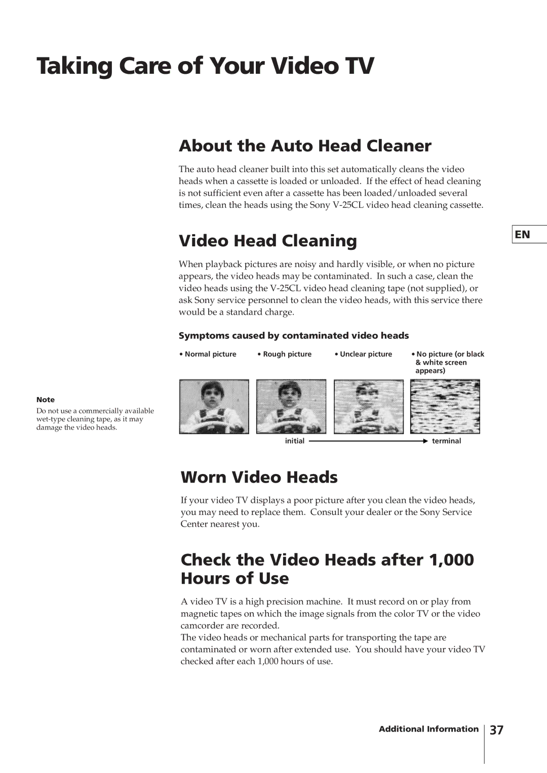 Sony KV-14VM5MT, KV-21VM6MT Taking Care of Your Video TV, About the Auto Head Cleaner, Video Head Cleaning 