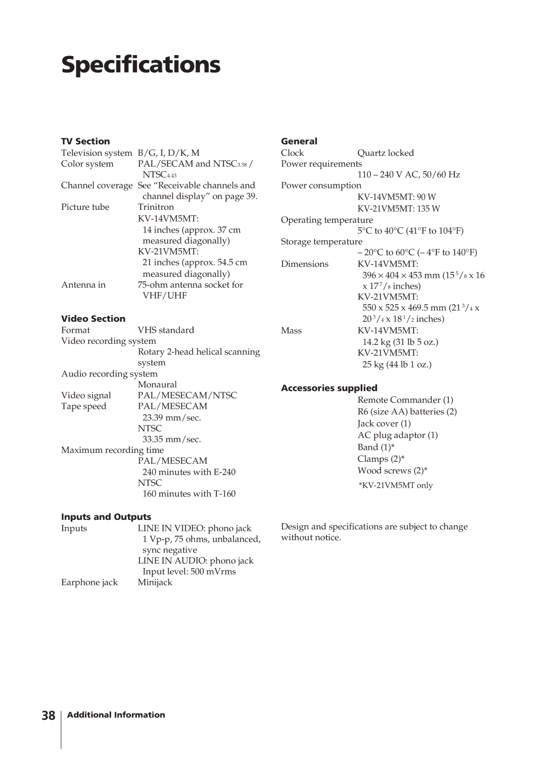 Sony KV-14VM5MT, KV-21VM6MT operating instructions Specifications 