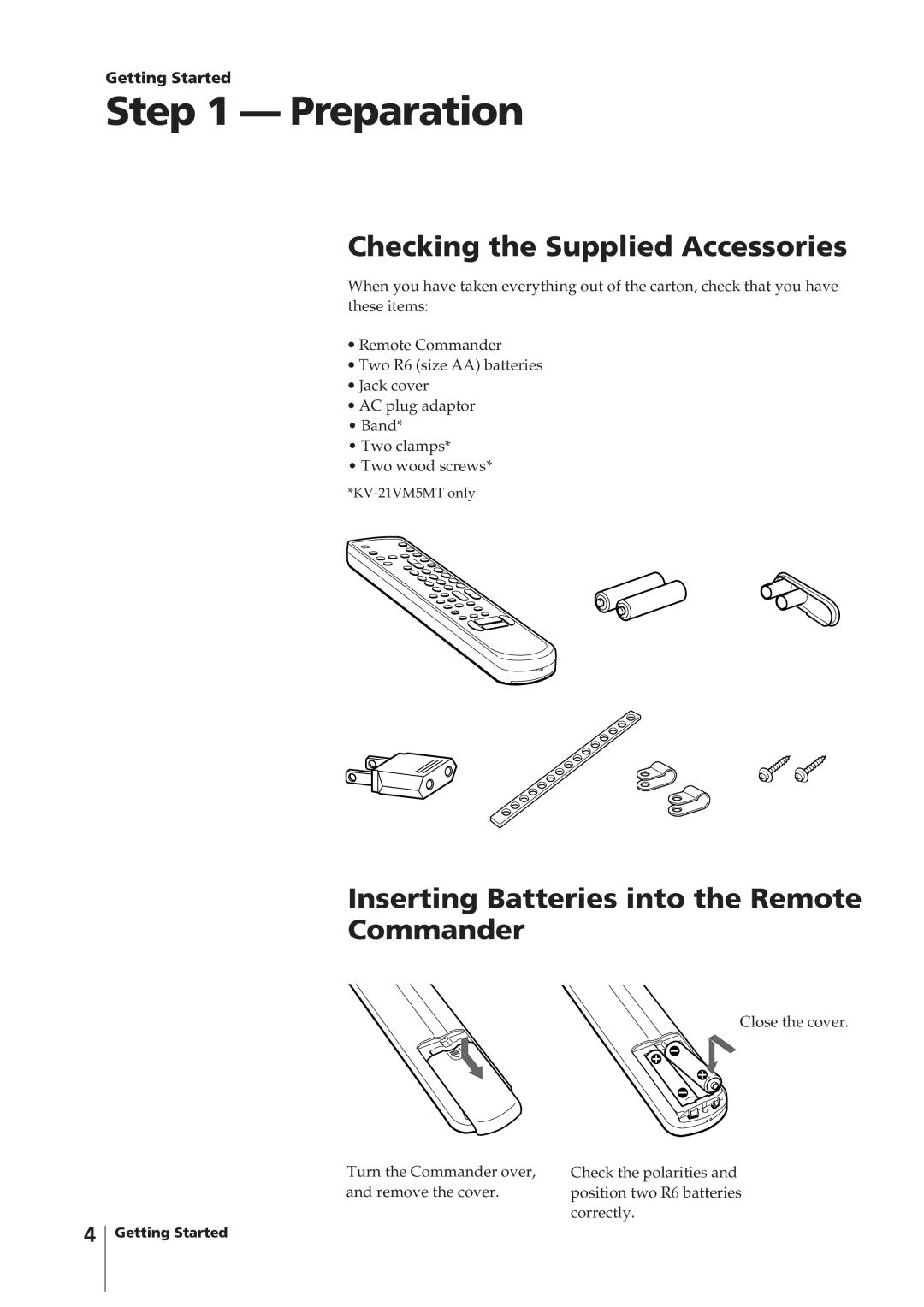 Sony KV-14VM5MT, KV-21VM6MT Preparation, Checking the Supplied Accessories, Inserting Batteries into the Remote Commander 