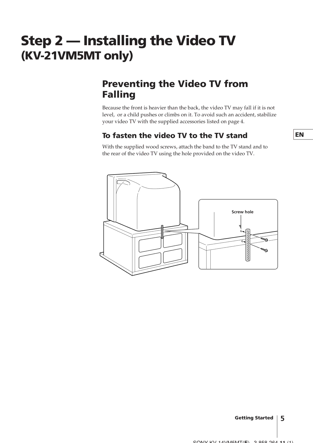 Sony KV-14VM5MT, KV-21VM6MT operating instructions Installing the Video TV, Preventing the Video TV from Falling 