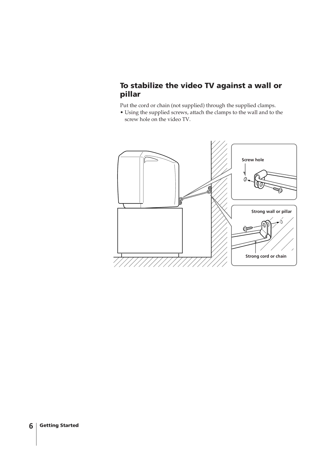 Sony KV-14VM5MT, KV-21VM6MT operating instructions To stabilize the video TV against a wall or pillar 