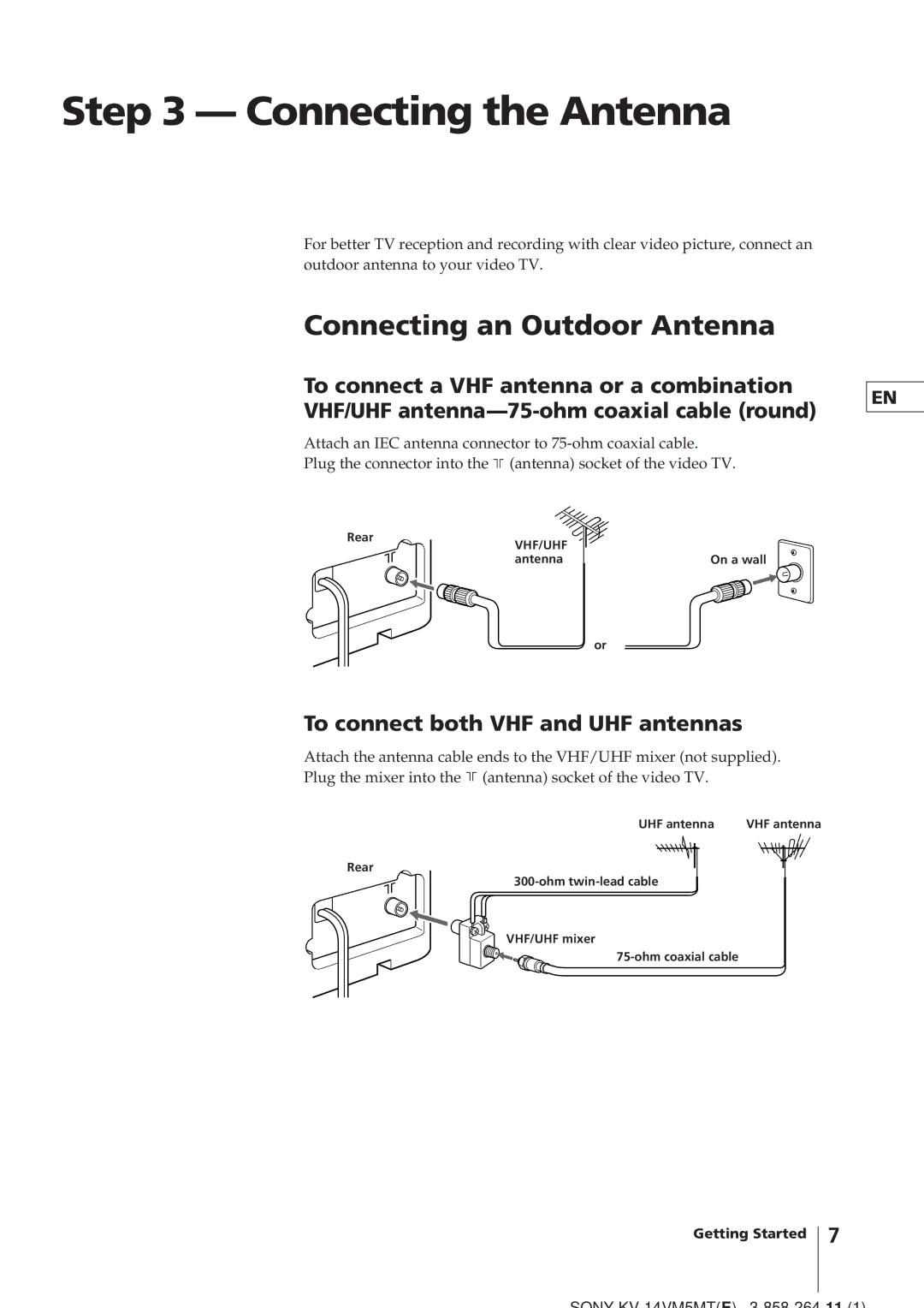 Sony KV-14VM5MT, KV-21VM6MT Connecting the Antenna, Connecting an Outdoor Antenna, To connect both VHF and UHF antennas 