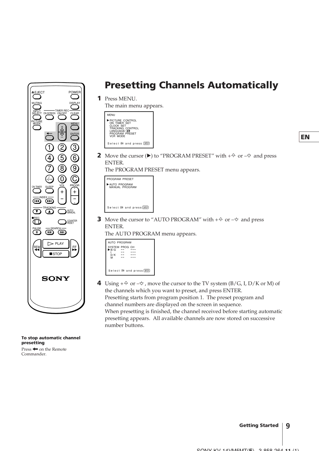 Sony KV-14VM5MT, KV-21VM6MT operating instructions Presetting Channels Automatically, Press Menu Main menu appears 