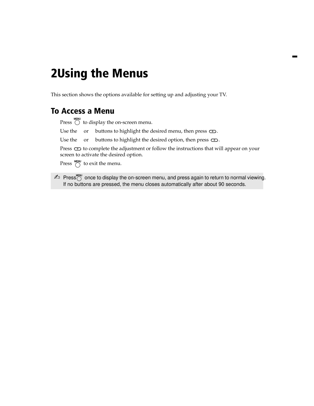 Sony KV-13FS110, KV-20FS100, KV-24FS100, KV-13FS100 operating instructions 2Using the Menus, To Access a Menu 