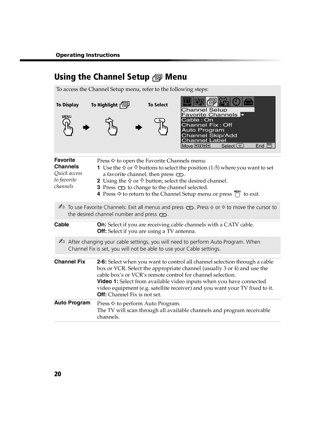 Sony KV-20FS100, KV-13FS110, KV-24FS100, KV-13FS100 Using the Channel Setup Menu, Favorite, Cable, Channel Fix, Auto Program 