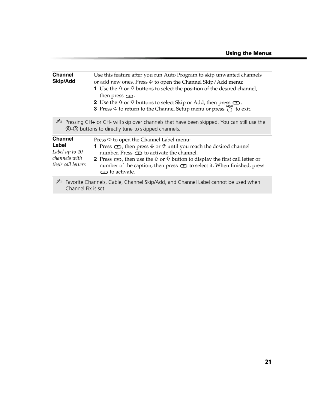 Sony KV-13FS110, KV-20FS100, KV-24FS100, KV-13FS100 operating instructions Using the Menus Channel Skip/Add 