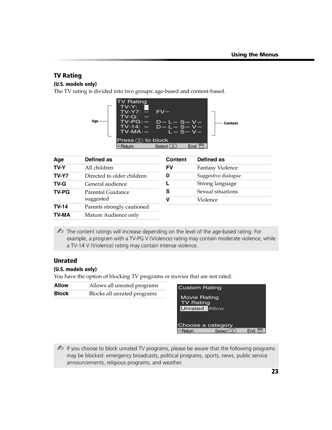 Sony KV-13FS100, KV-20FS100, KV-13FS110, KV-24FS100 operating instructions TV Rating, Unrated 