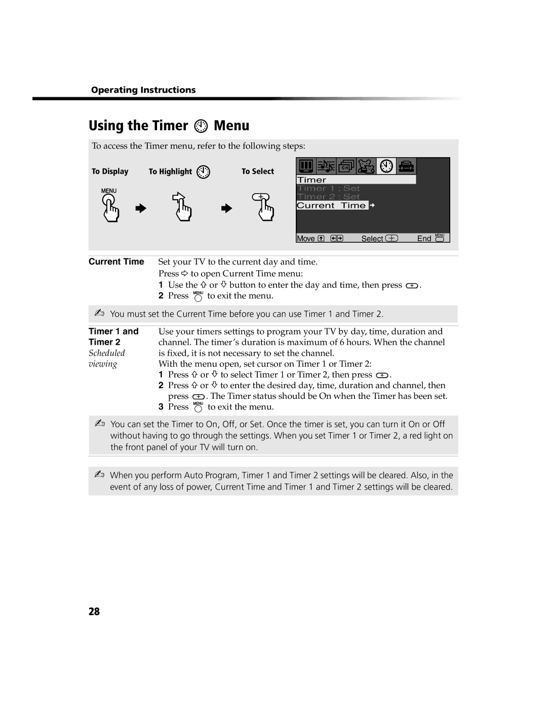 Sony KV-20FS100, KV-13FS110 Using the Timer Menu, To access the Timer menu, refer to the following steps, Timer 1 