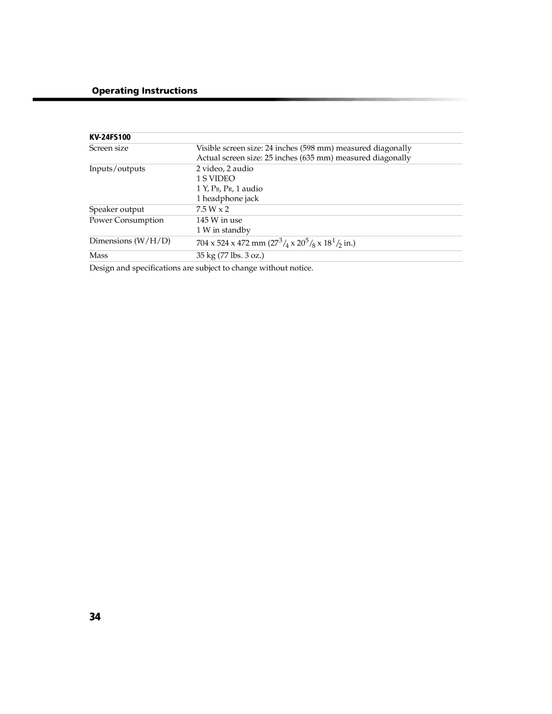 Sony KV-24FS100, KV-20FS100, KV-13FS110, KV-13FS100 operating instructions 