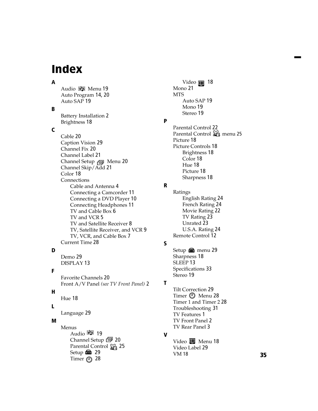 Sony KV-13FS100, KV-20FS100, KV-13FS110, KV-24FS100 operating instructions Index, Favorite Channels 