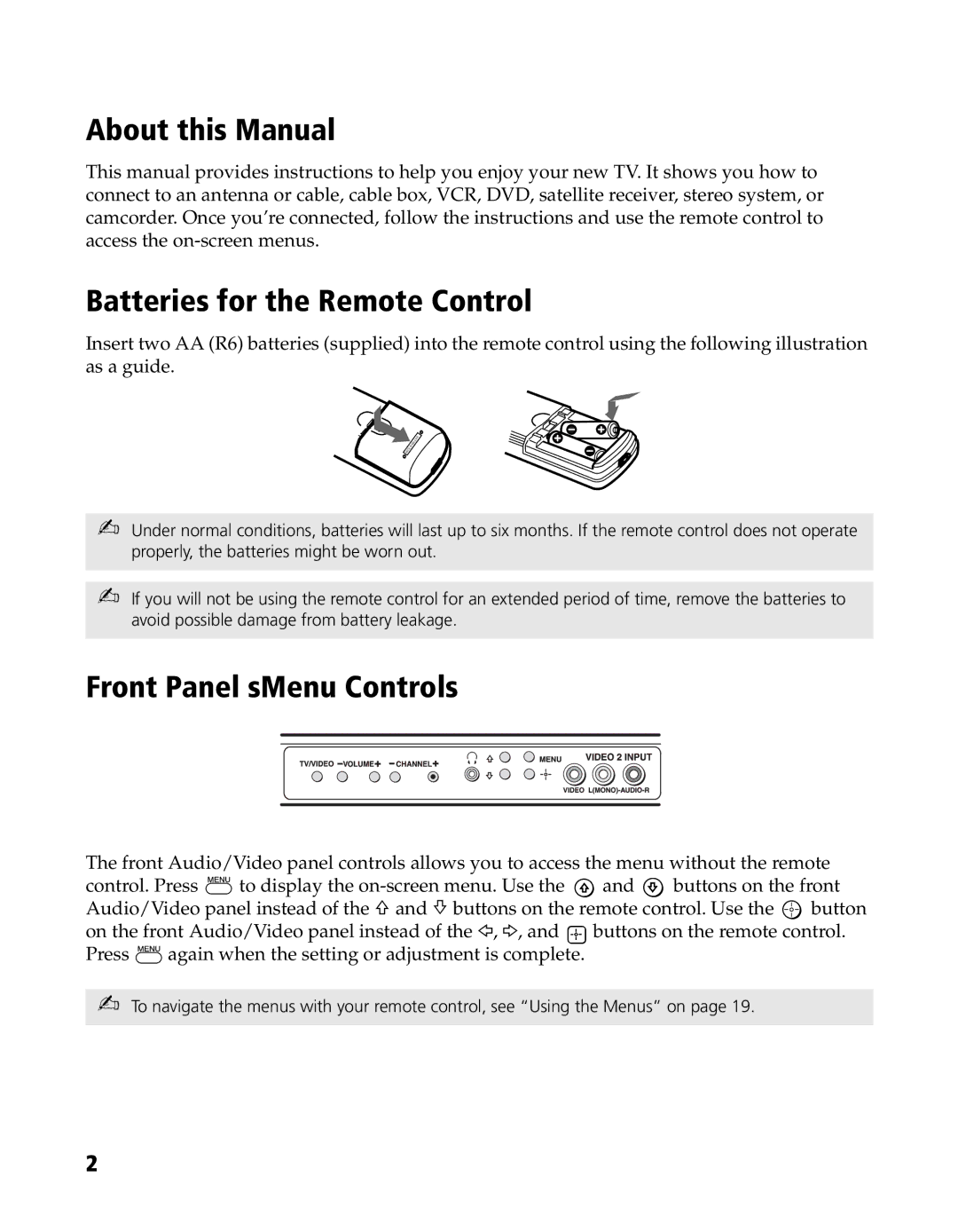 Sony KV-20FS120, KV-24FS120 manual About this Manual, Batteries for the Remote Control, Front Panel sMenu Controls 