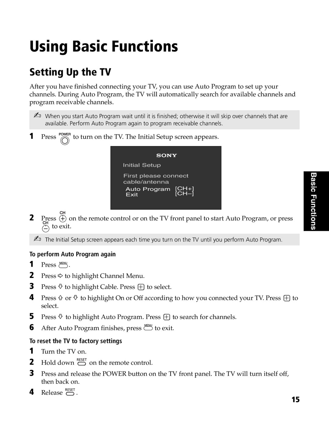 Sony KV-20FS120, KV-24FS120 manual Using Basic Functions, Setting Up the TV, To perform Auto Program again 