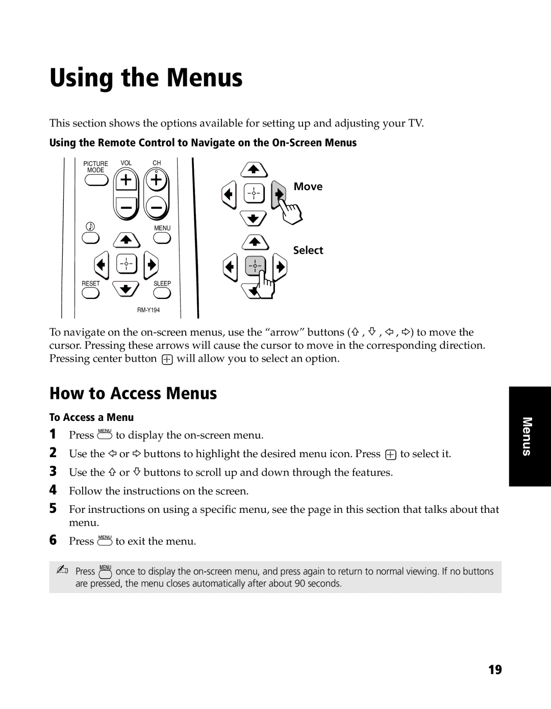 Sony KV-20FS120, KV-24FS120 manual Using the Menus, How to Access Menus 