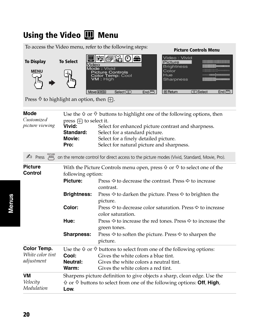 Sony KV-20FS120, KV-24FS120 manual Using the Video Menu 