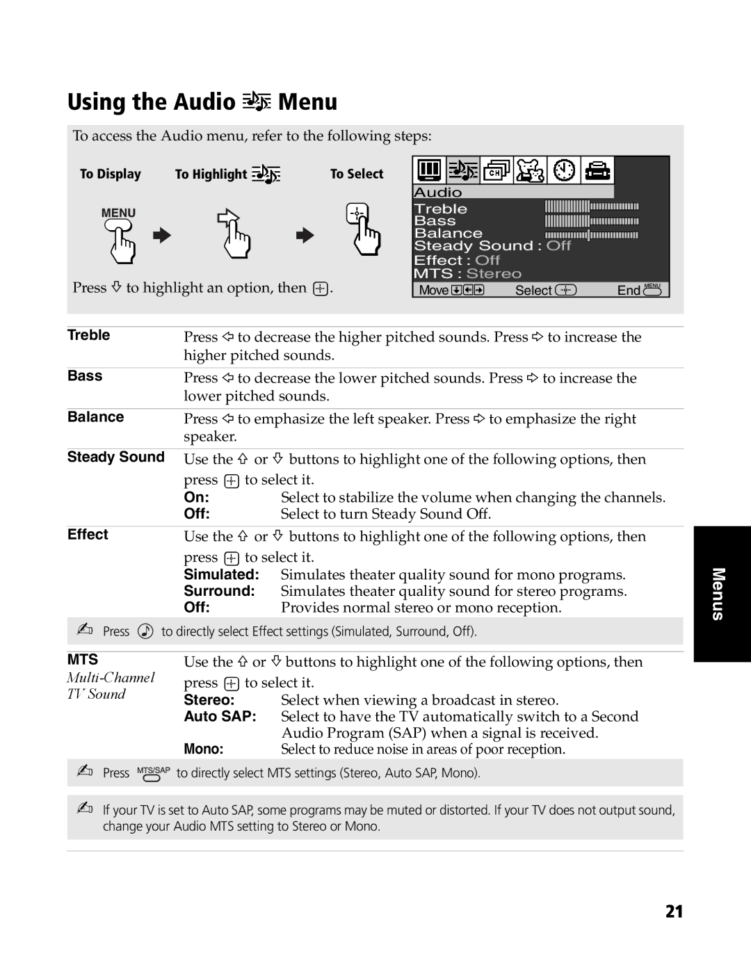 Sony KV-20FS120, KV-24FS120 manual Using the Audio Menu 