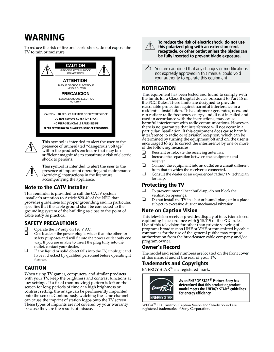 Sony KV-20FS120, KV-24FS120 manual Protecting the TV, Owner’s Record, Trademarks and Copyrights 