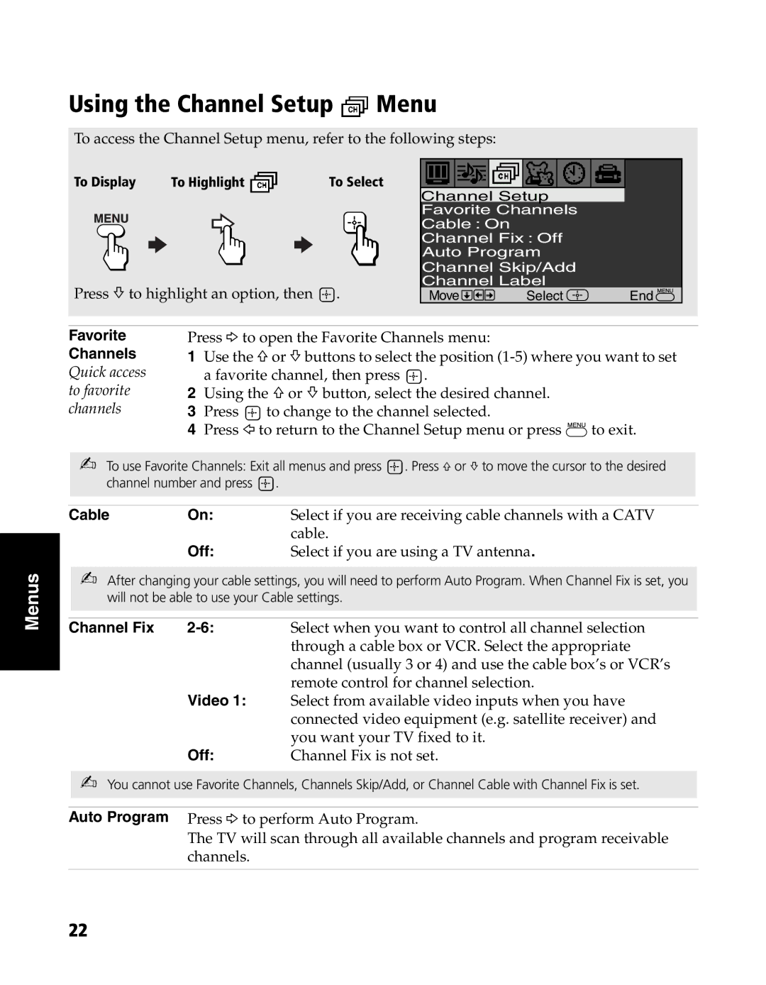 Sony KV-20FS120, KV-24FS120 manual Using the Channel Setup Menu, Favorite, Cable, Channel Fix, Video 