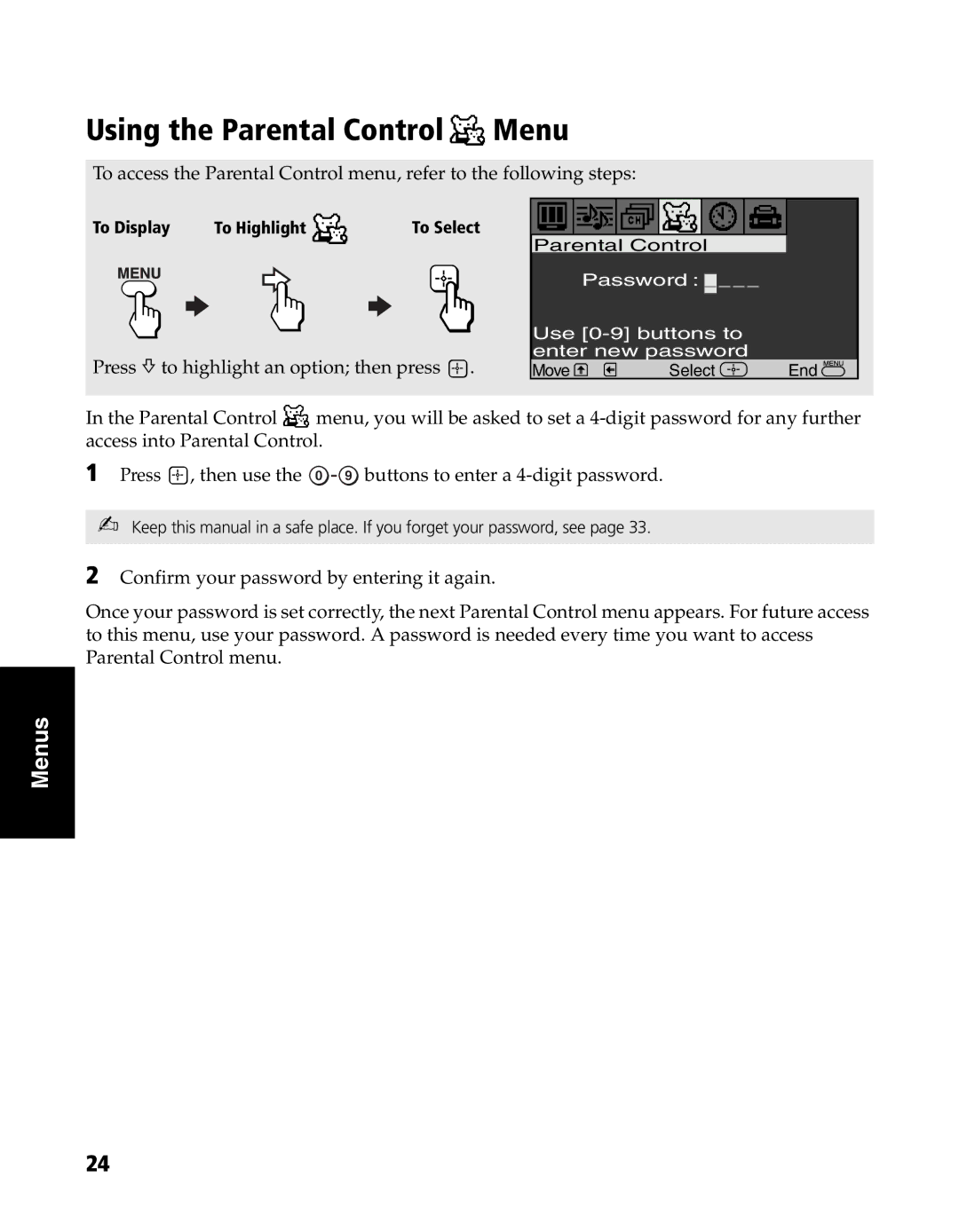 Sony KV-20FS120, KV-24FS120 manual Using the Parental Control Menu, Press f to highlight an option then press 