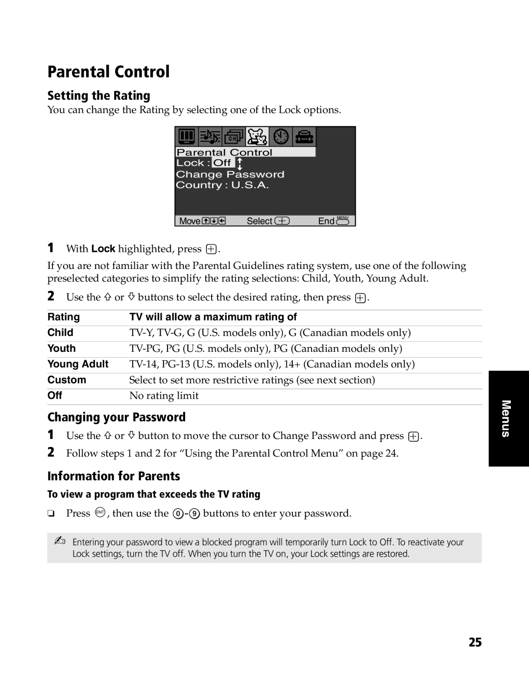 Sony KV-20FS120, KV-24FS120 manual Parental Control, Setting the Rating, Changing your Password, Information for Parents 