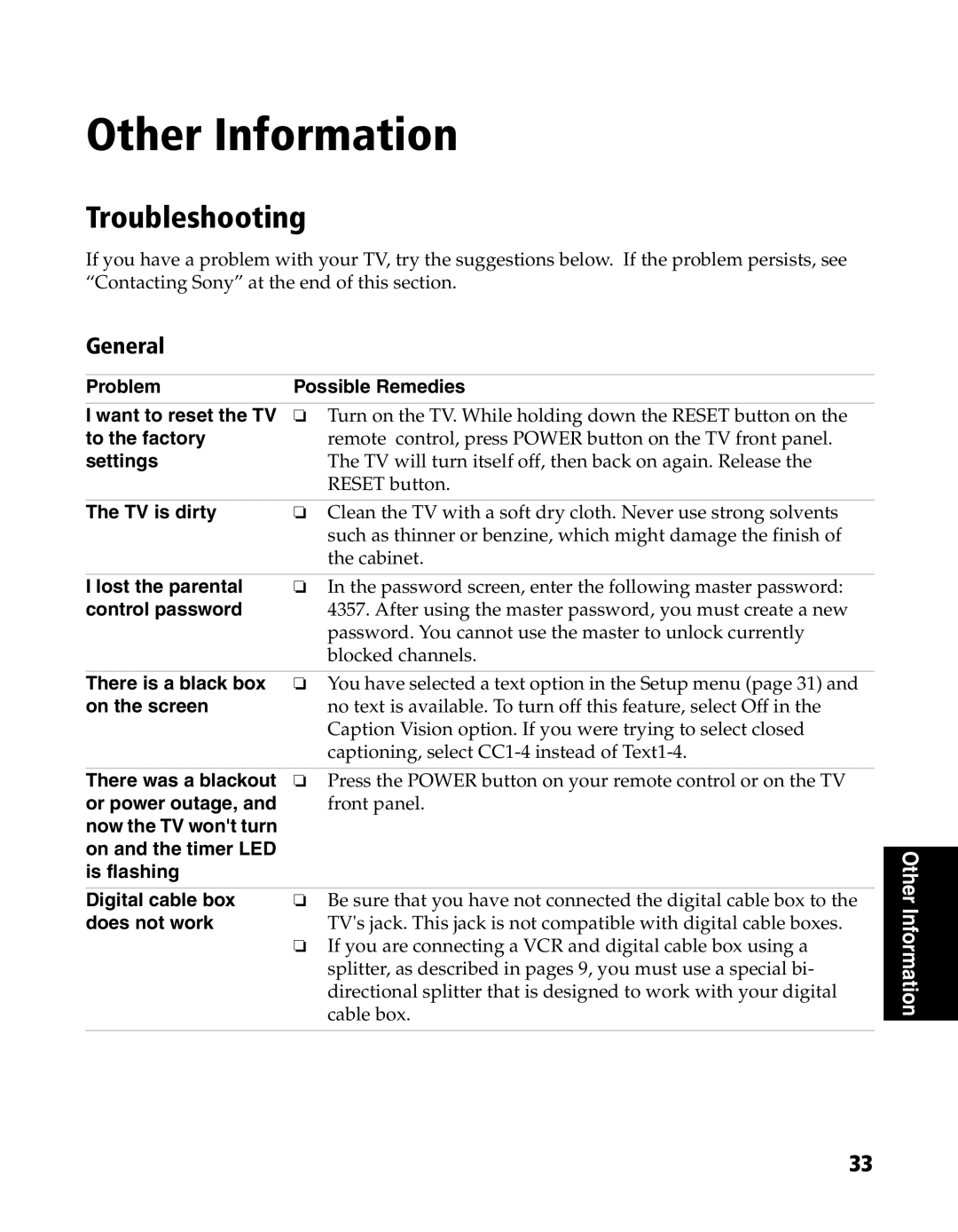 Sony KV-20FS120, KV-24FS120 manual Other Information, Troubleshooting, General 