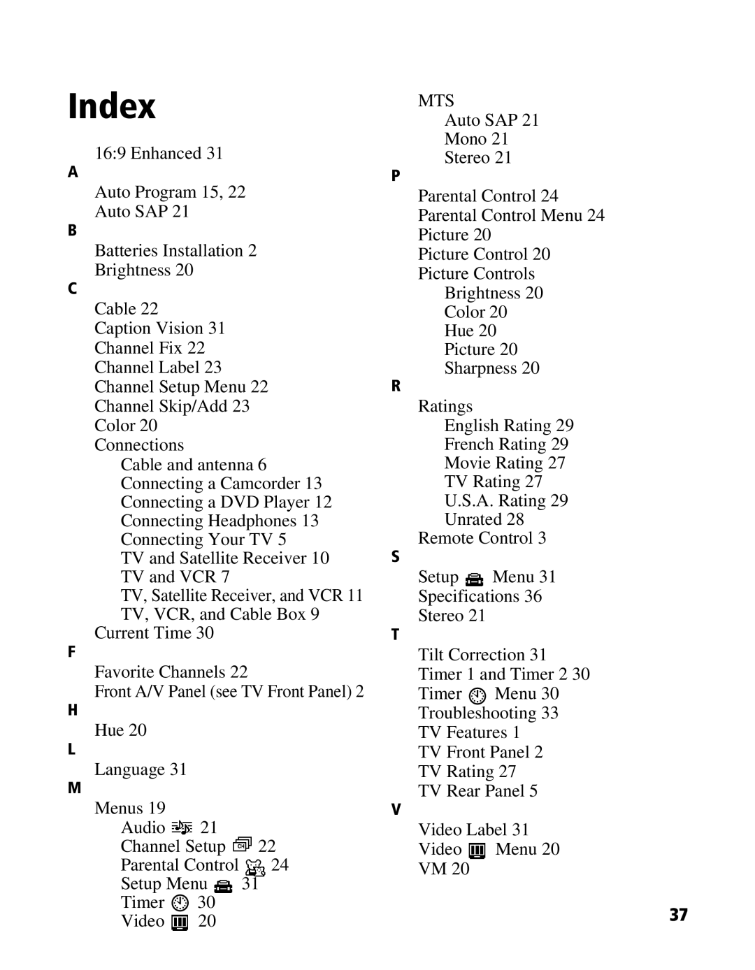 Sony KV-20FS120, KV-24FS120 manual Index, Mts 