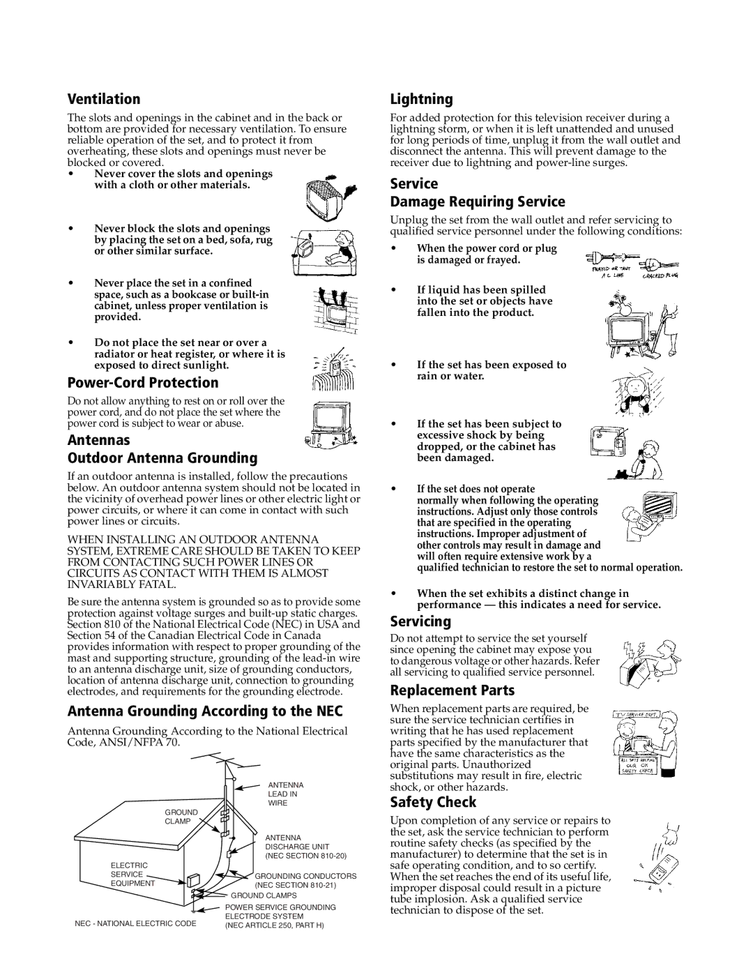 Sony KV-20FS120, KV-24FS120 Ventilation, Power-Cord Protection, Antennas Outdoor Antenna Grounding, Lightning, Servicing 